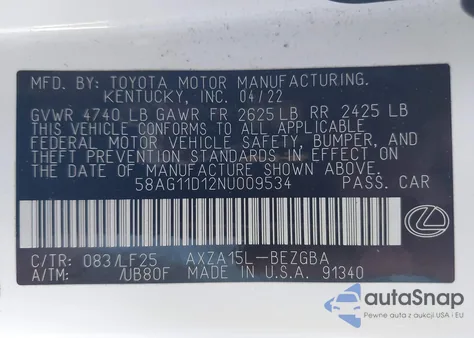 2022 Lexus Es 250 F Sport from USA, damaged, VIN 58AG11D12NU009534